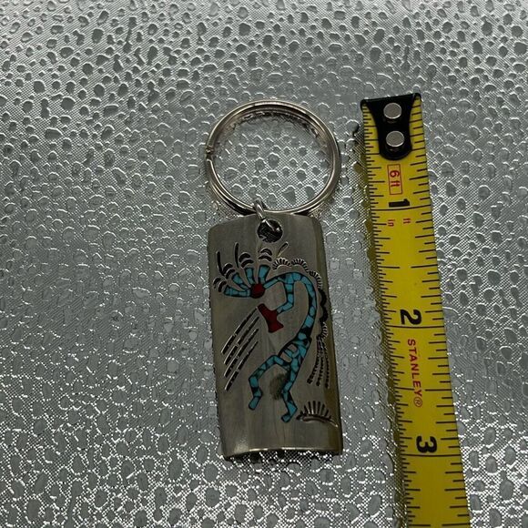 Navajo Sterling Tone And Turquoise Inlay KeyRing Tribal Dancer Key Chain Signed - Picture 3 of 7